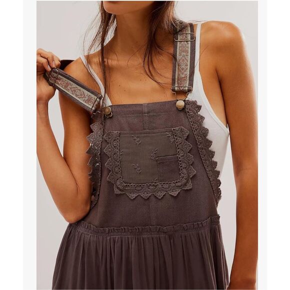 Utcoco Brown Embroidered Square Neck Tiered Maxi Jumper Apron Dress Medium - Picture 4 of 15